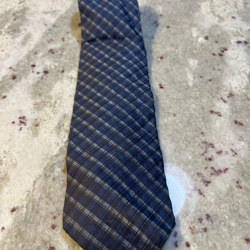 Calvin Klein Premium Mens Silk‎ Blend Tie Navy Blue Grey Plaid Check Pattern